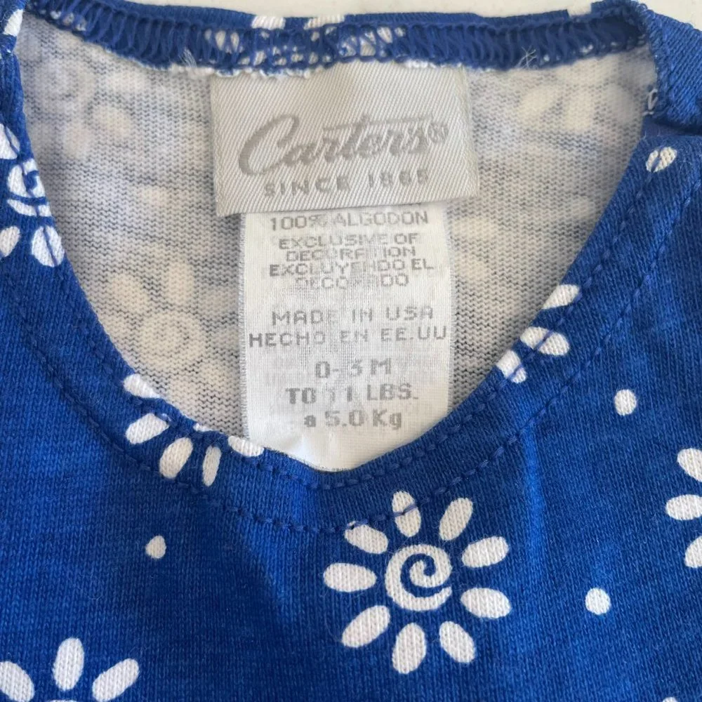 Carters 100% Cotton Floral Romper Onesie Bodysuit Blue White Size 0-3 Months